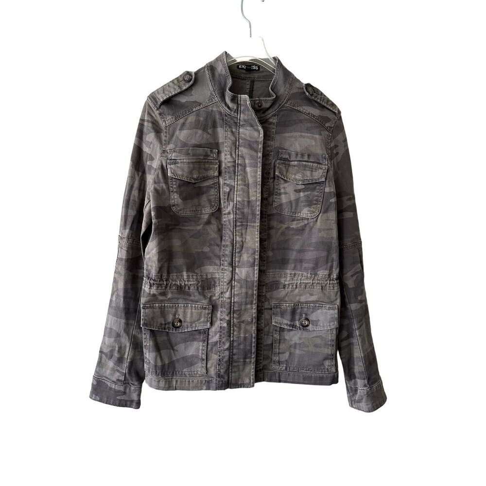 Express Xs Camo Military Style Utility Jacket With Snap & Zip Closure Pockets